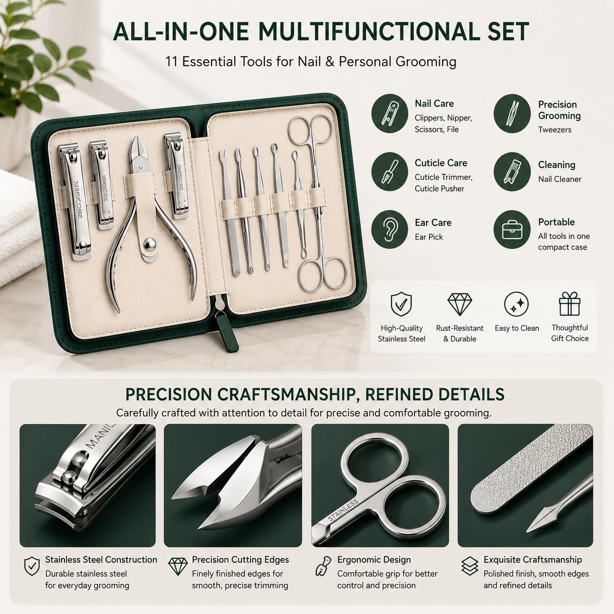 11-Piece Manicure Set, Stainless Steel Nail Clipper Kit, Professional Manicure Pedicure Grooming Kit with Travel Case, Nail Care Set for Men & Women