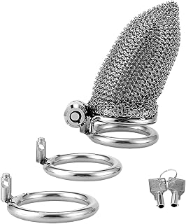 Cock Cage Push-Lock avec 3 anneaux péniens Métal Mesh Cage de chasteté Hommes avec serrure cachée Design BDSM Esclave Sex toys pour hommes Chasteté (Large)