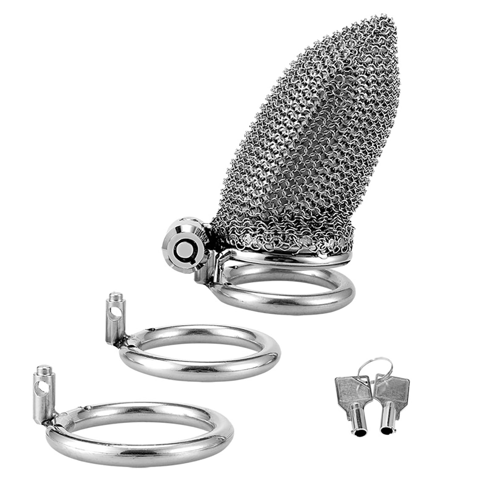 Cock Cage Push-Lock avec 3 anneaux péniens Métal Mesh Cage de chasteté Hommes avec serrure cachée Design BDSM Esclave Sex toys pour hommes Chasteté (Large)