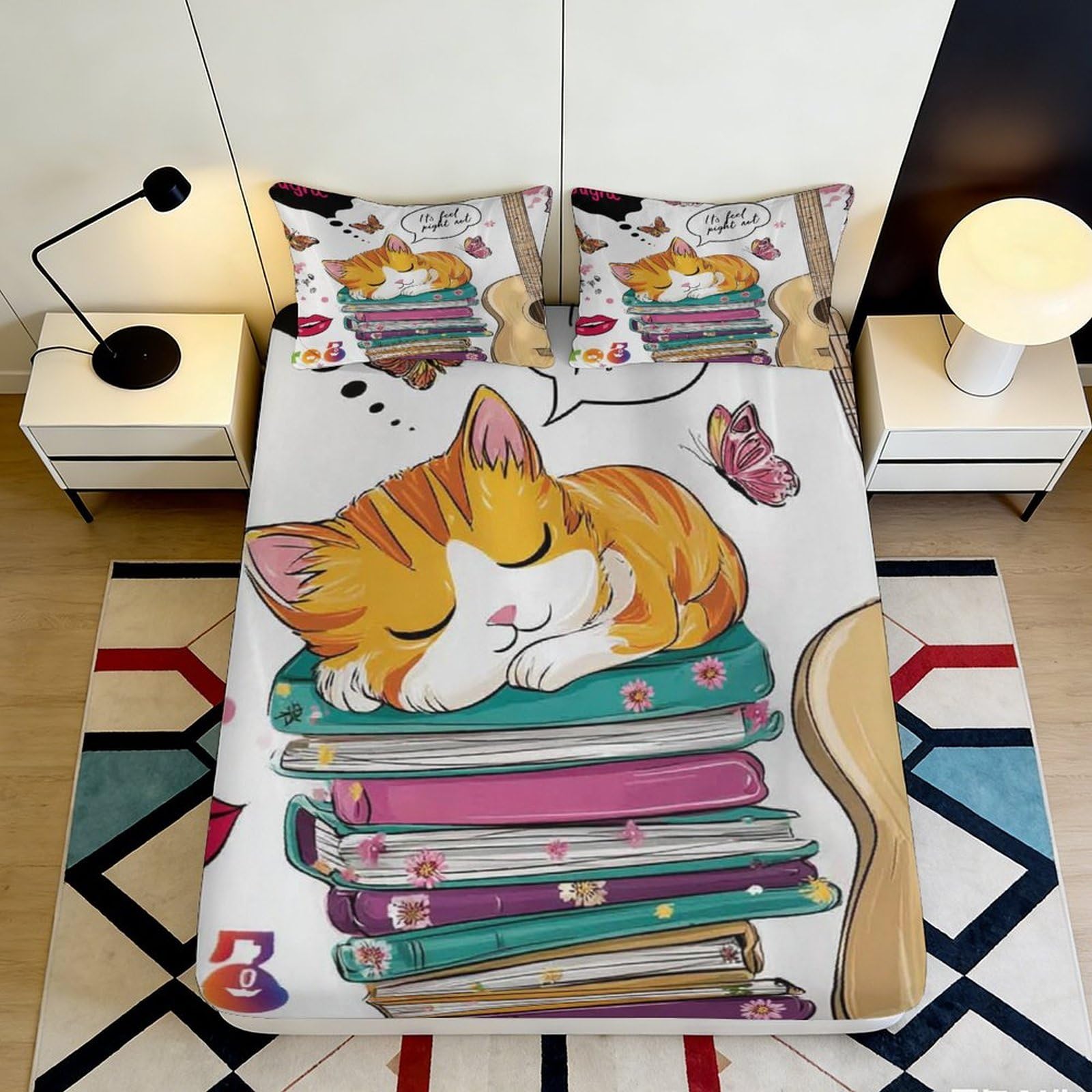 3D Printed Cartoon Cat Fitted Sheet Microfiber Soft Orange Tabby Butterfly Bed Cover for Bedroom Guest Room Decor 120x200x25cm