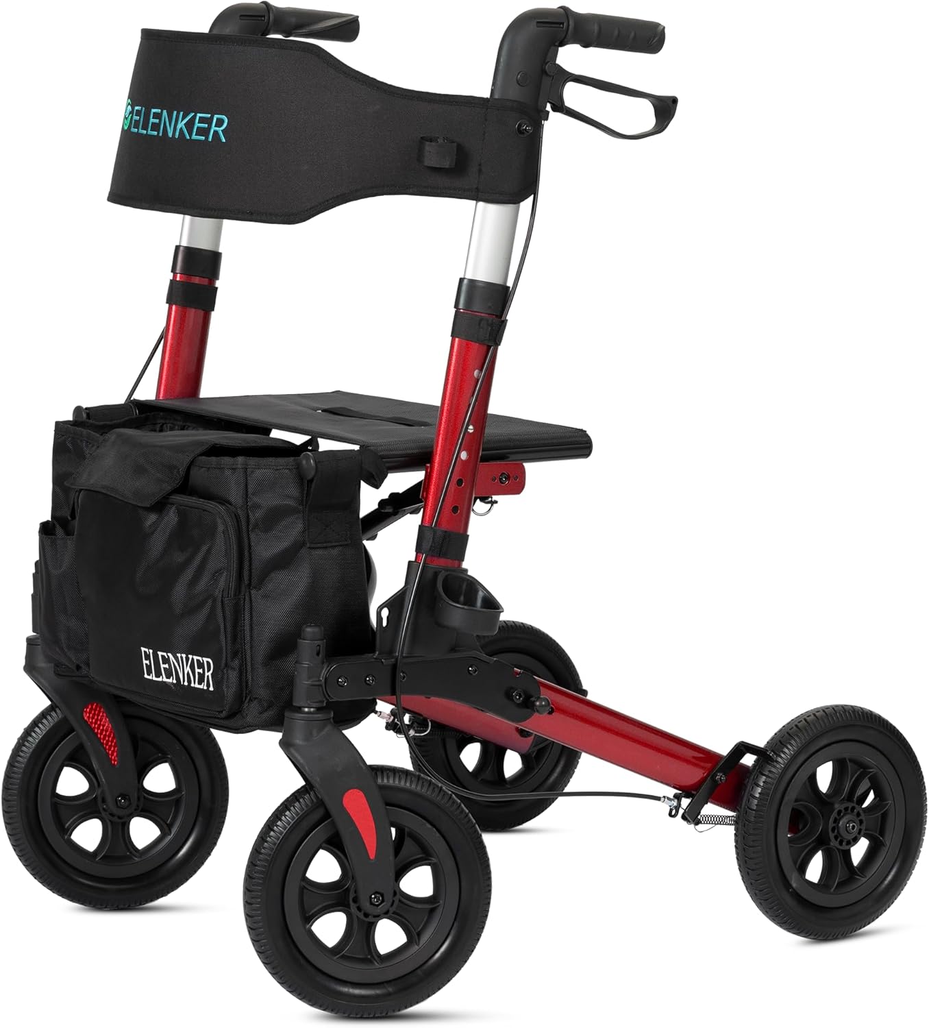 ELENKER All-Terrain Rollator Walker with Seat, Outdoor Rolling Walker, 10” Non-Pneumatic Tire Wheels Compact Folding Design for Seniors, Red