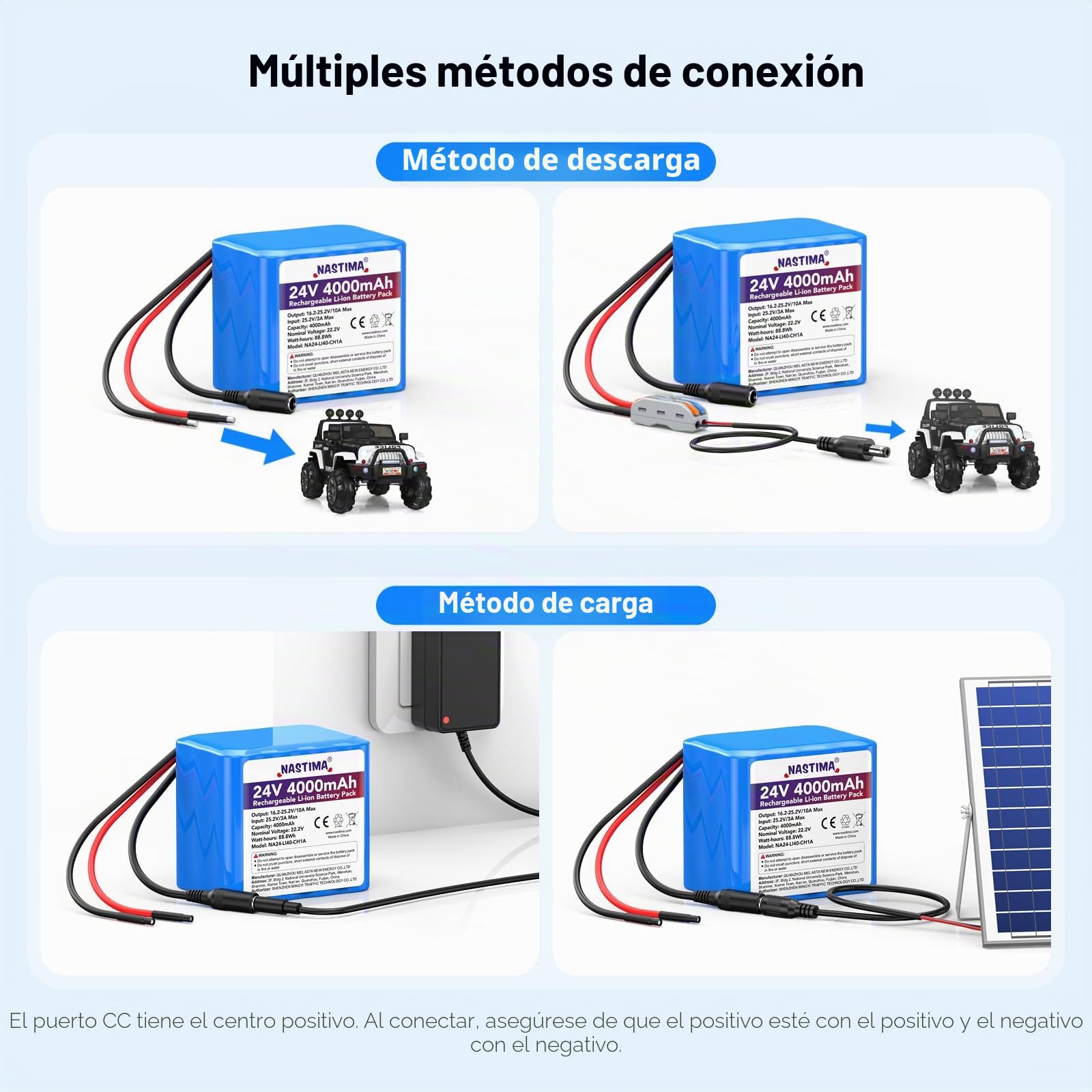 NASTIMA de 4000mAh y 88,8Wh 24V Batería Recargable de Iones de Litio | para Altavoces Bluetooth, Coches Teledirigidos, Sistemas de Energía Solar, Bricolaje, etc. Incluye Cargador y Conector