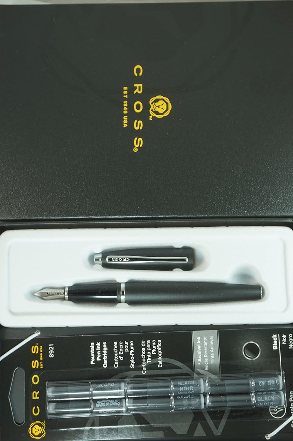 Cross Calais Satin Black, polished Chrome Appointments and Cross signature mid Band Medium Point Fountain Pen in Large Pristine Corporate gift box