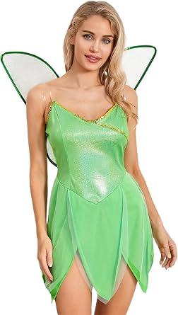 Sujhwsx Women Halloween Green Elf Slip Dress Sleeveless Cami mini Dress Fairy Cosplay Costume with Butterfly Wings