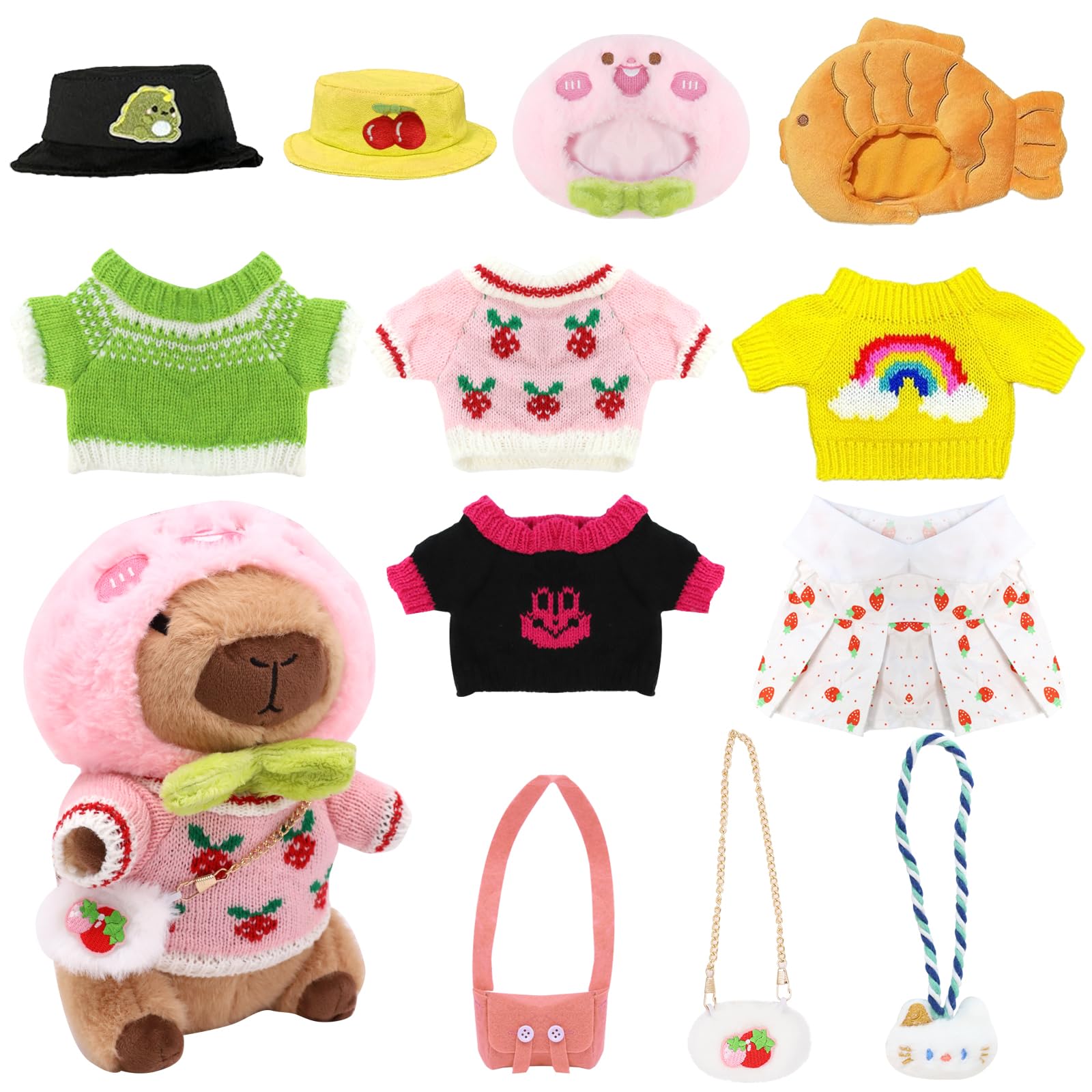 Capybara Peluche Set,23cm Peluche Capybara Bambola,simpatici peluche Capibara,peluche per bambini con vestiti e accessori,per la casa a forma di animale di peluche per il soggiorno (NEW 13PCS)
