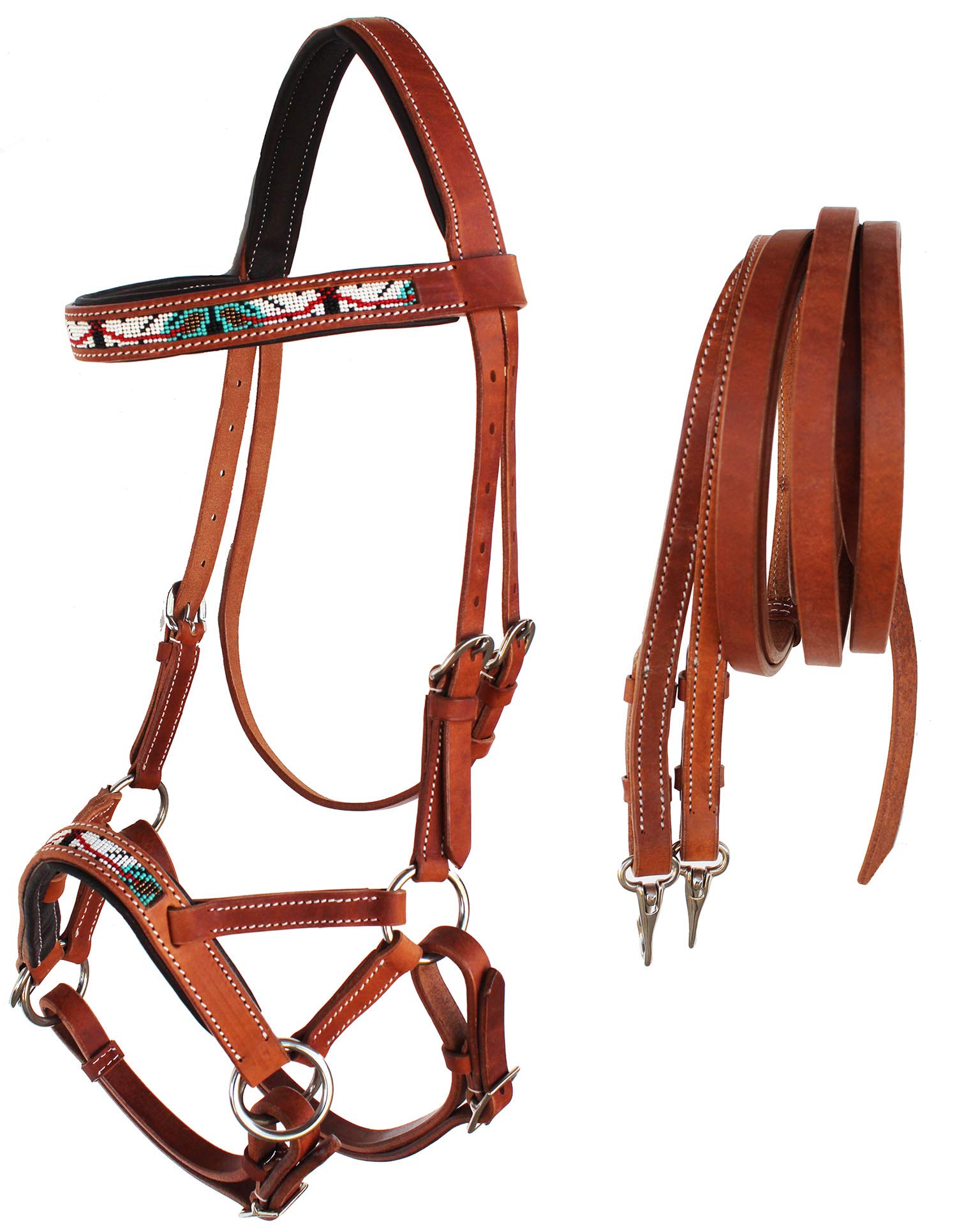 CHALLENGER Horse Western Padded Leather Beaded Bitless Sidepull Bridle 77RT18TN-F