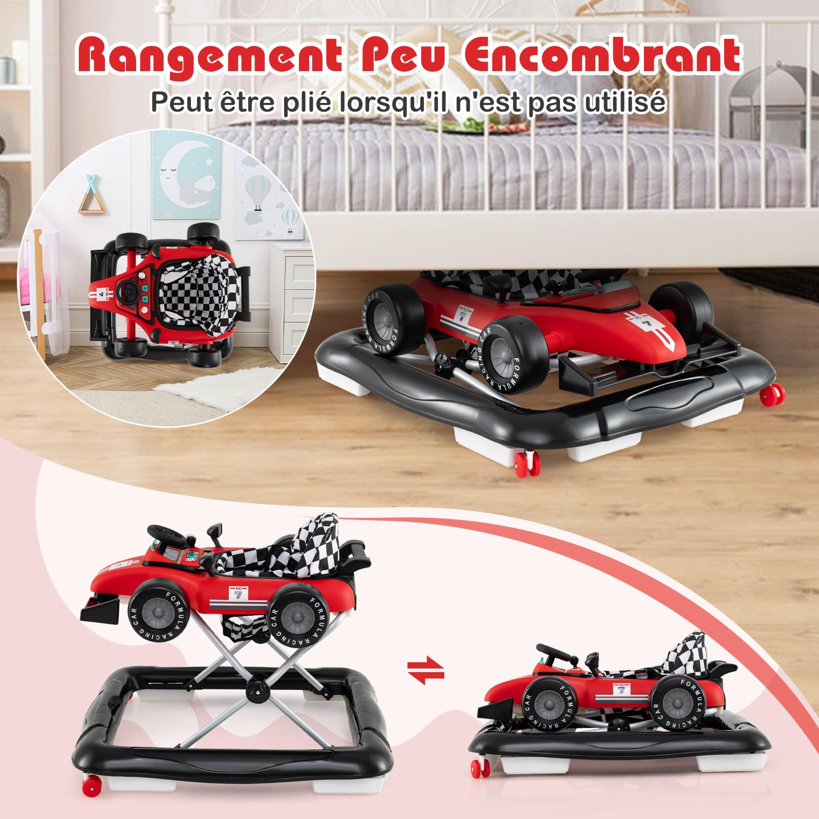 COSTWAY Trotteur Bébé Garçon Fille avec 3 Hauteur Réglable, Trotteur Marche Bébé Pliable Évolutif avec Boîte à Musique Amovible & Volant, Roues Silencieuses, Charge 12kg pour 6-18 Mois