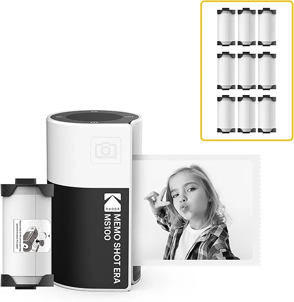 KODAK Memo Shot ERA Kids Instant Digital Camera and Photo Label Printer (White, Camera + 10 Rolls)