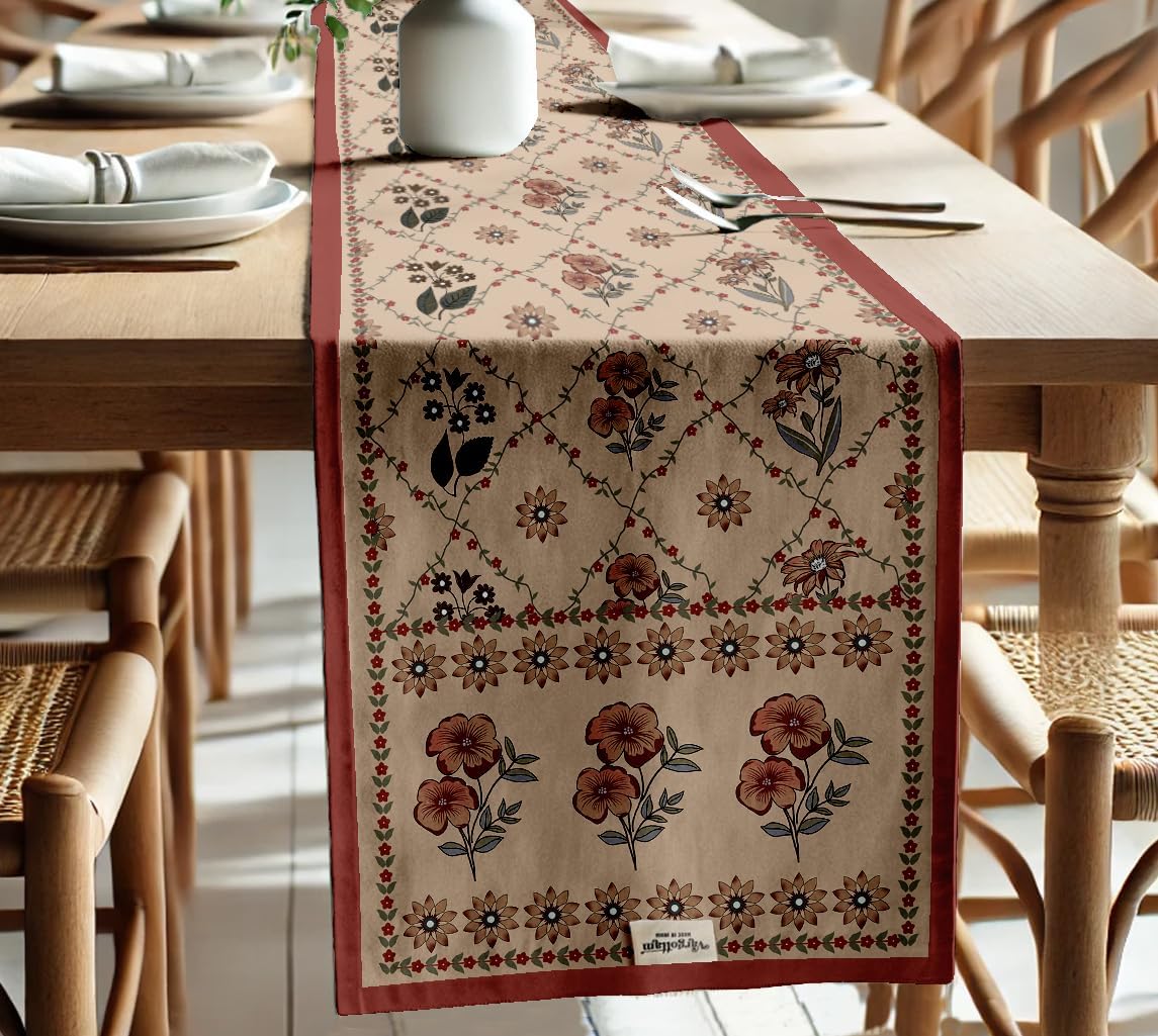 Double Layer Cotton Table Runner with Border - Floral Print, Machine Washable - Dining Table Décor for Farmhouse & Modern Homes
