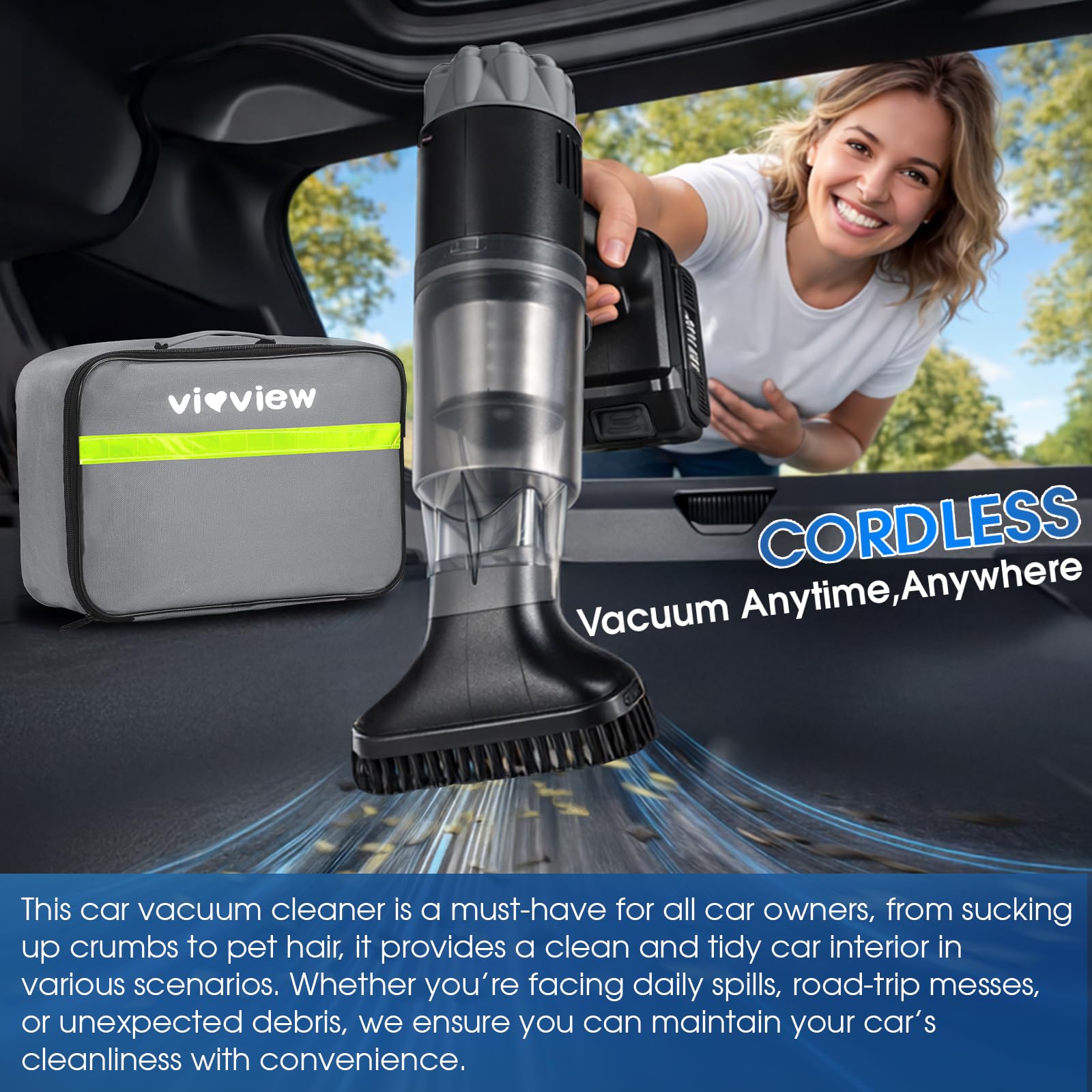 Kit de nettoyage de voiture 26 pièces, kit de détails d'intérieur gris avec aspirateur haute puissance portable sans fil, aspirateur à main pour la maison, la voiture, les poils d'animaux, le