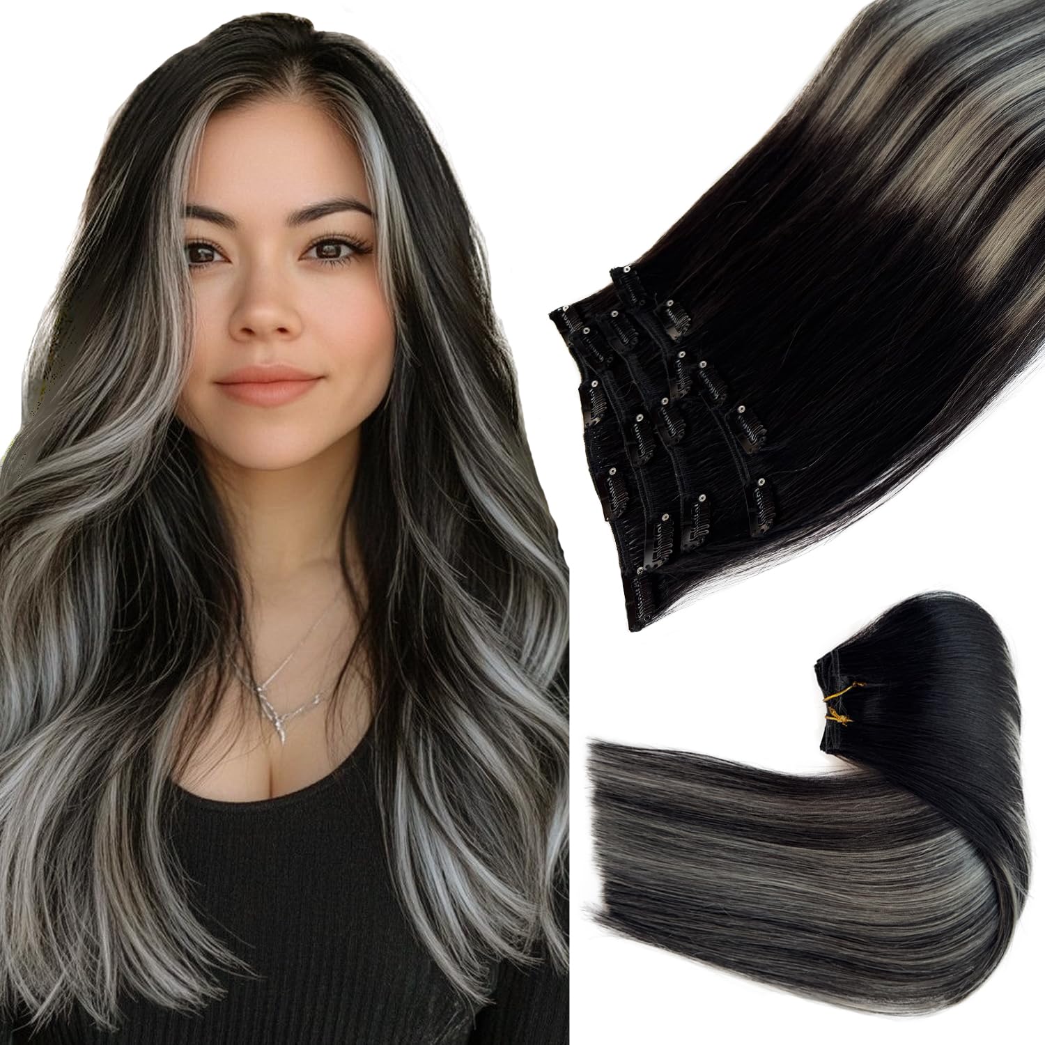 Clip in Hair Extensions Real Human Hair, Ombre Black Balayage Silver Highllights Hair Extension Real Human Hair Clip ins 16 Inch 7pcs Double Weft Hair