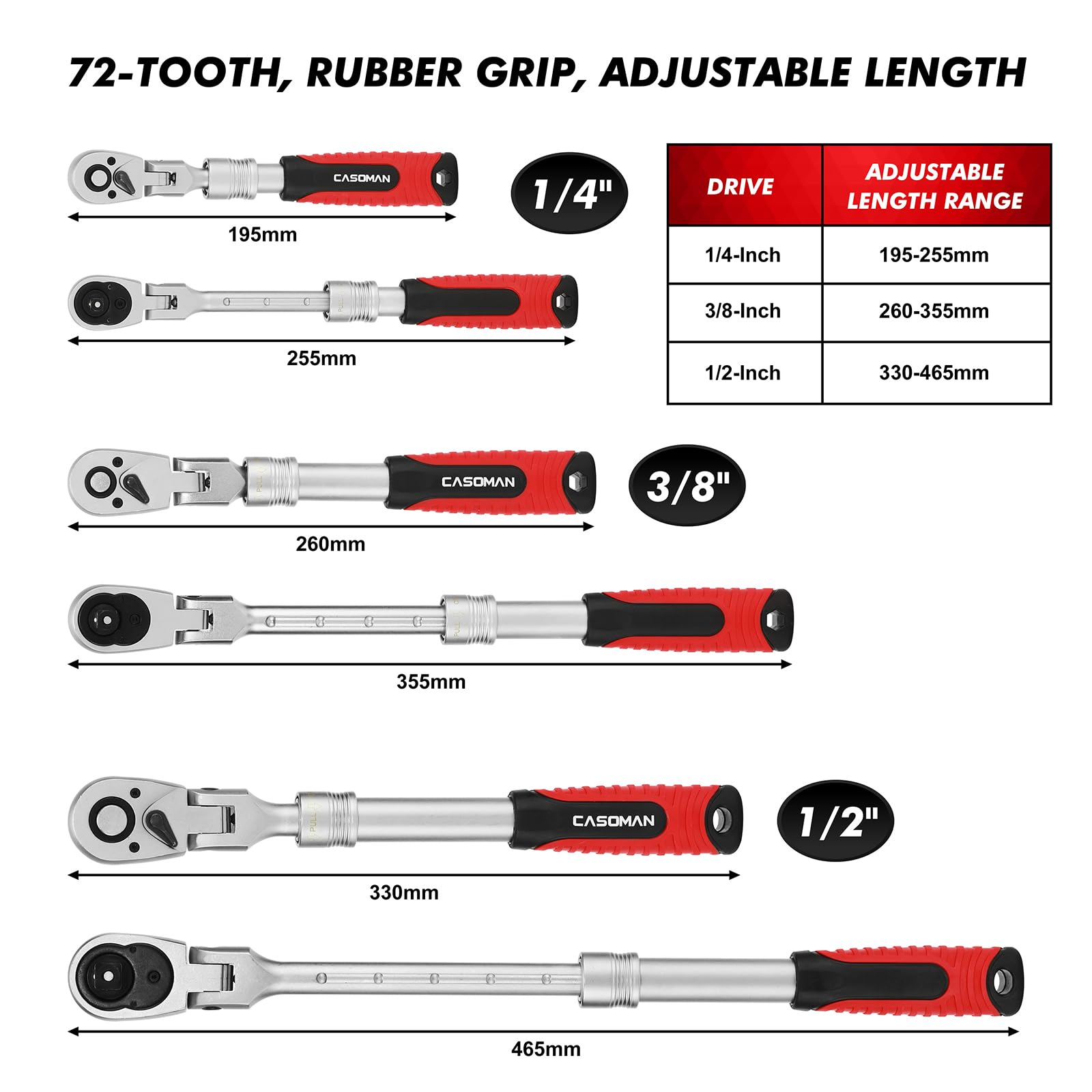 CASOMAN 3 PCS Flexible Extendable Ratchet Set, 1/2-Inch, 3/8-Inch & 1/4-Inch Drive Socket Ratchet Wrench, Ratchet Handle - Image 3