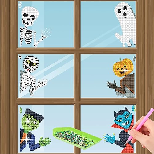 6 calcomanías de Halloween con diseño de diamantes para ventana, calcomanías para atrapasoles, arte de vitrales, kits de manualidades de diamantes