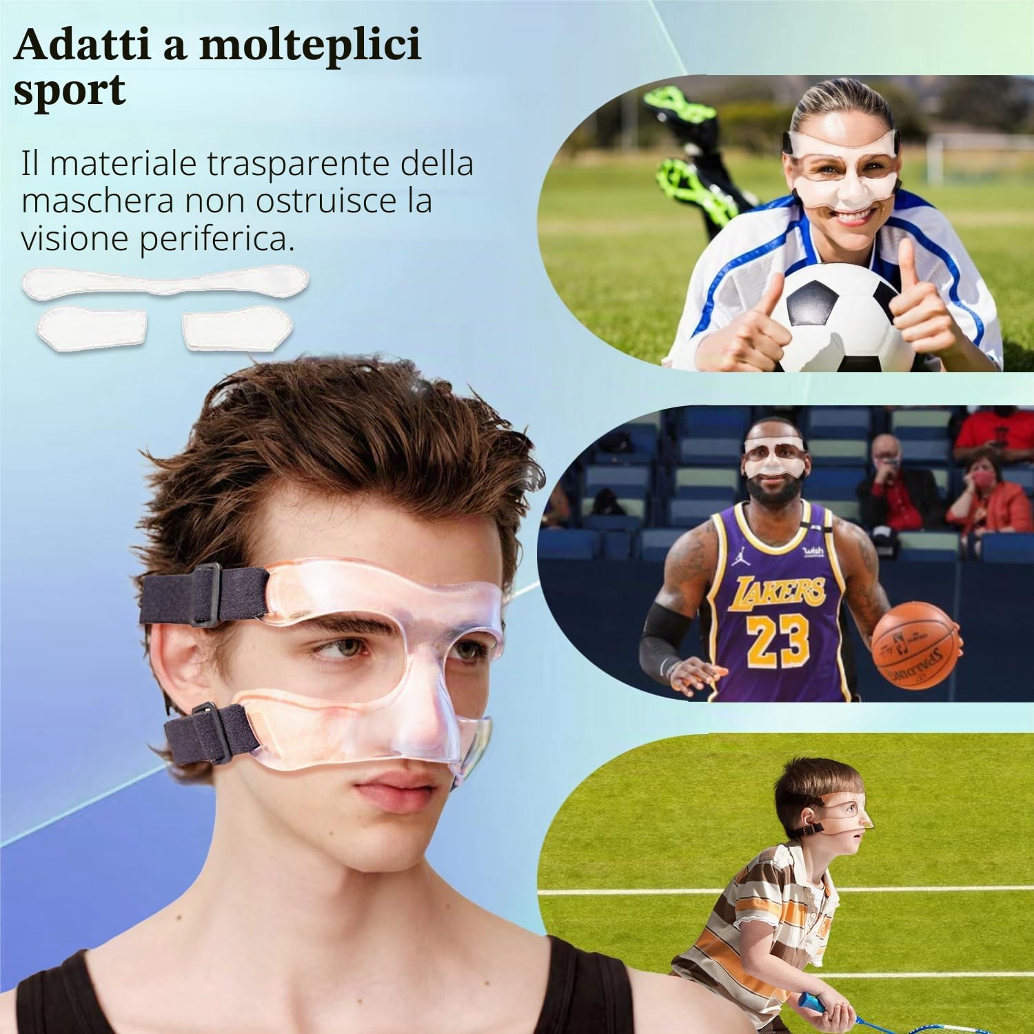 Protezione viso sportiva, protezione naso per naso rotto, pallacanestro, calcio, softball, allenamento, maschera con imbottitura in schiuma, per uomini e donne, apertura trasparente