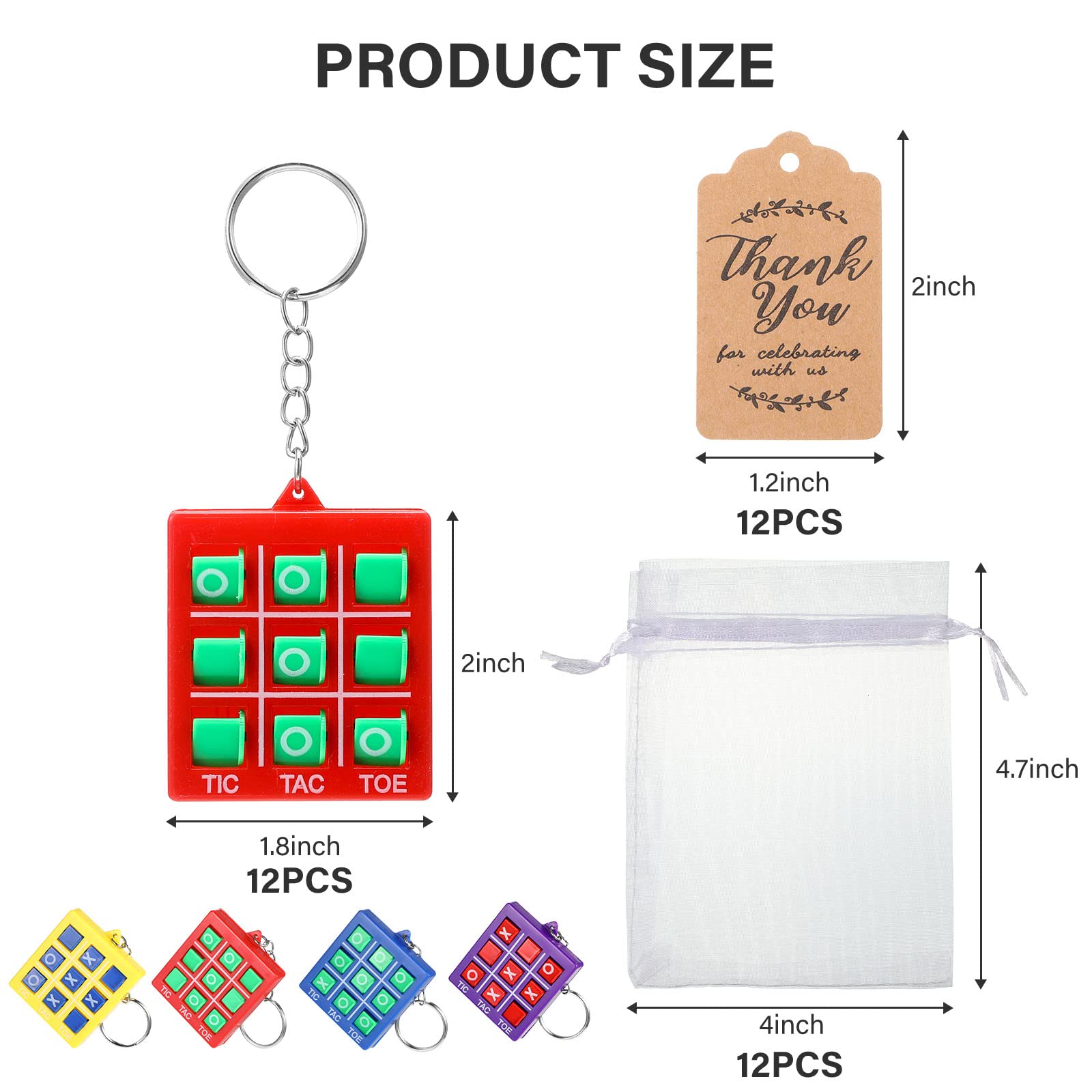 36 Pieces Tic Tac Toe Keychain Set Game Party Favors Include 12 Tic Tac Toe Keychain for Backpack and 12 Mesh Bags Drawstring White Mesh Organza Bags with 12 Thank You Tags for Birthday Party Supplies