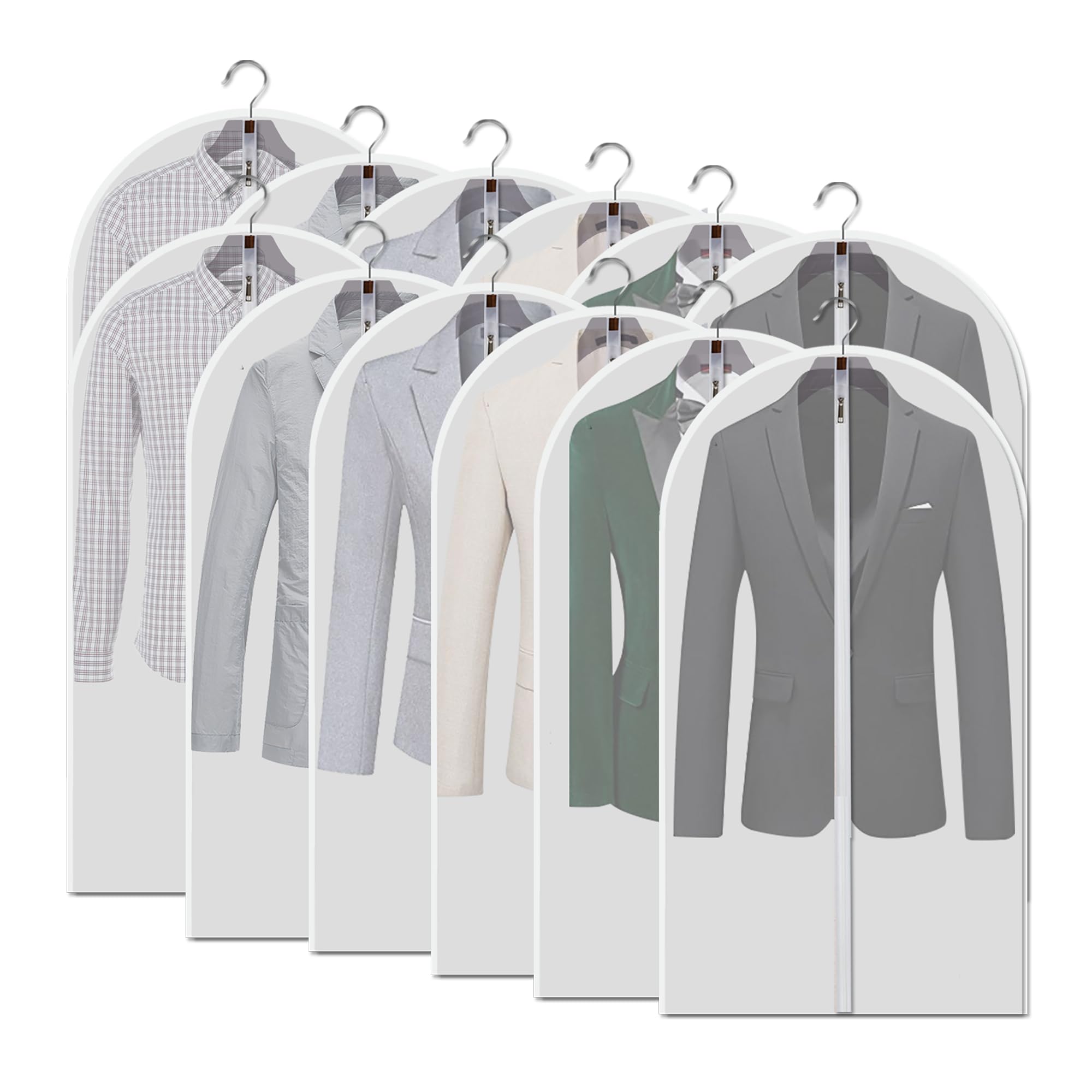 Juego de 12 bolsas colgantes para ropa, translúcidas de 40 pulgadas, a prueba de polvo, color blanco, transpirable, con cremallera completa, cubierta antipolvo para trajes, camisas,