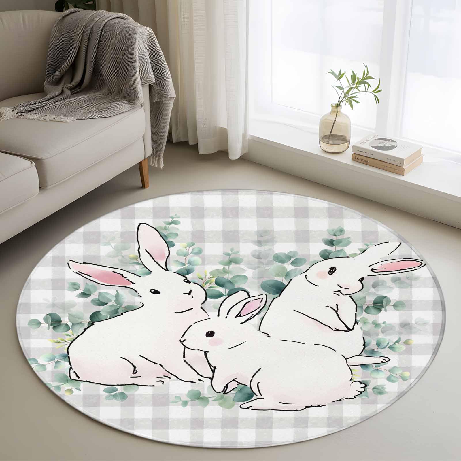 Round Rugs 3ft, Easter Bunny Non Slip Washable Rug Runner, Eucalyptus Leaves Rabbits Country Grey Plaid Low Pile Indoor Floor Carpet Mat Bathroom Rugs for Living Room, Bedroom, Kids Room