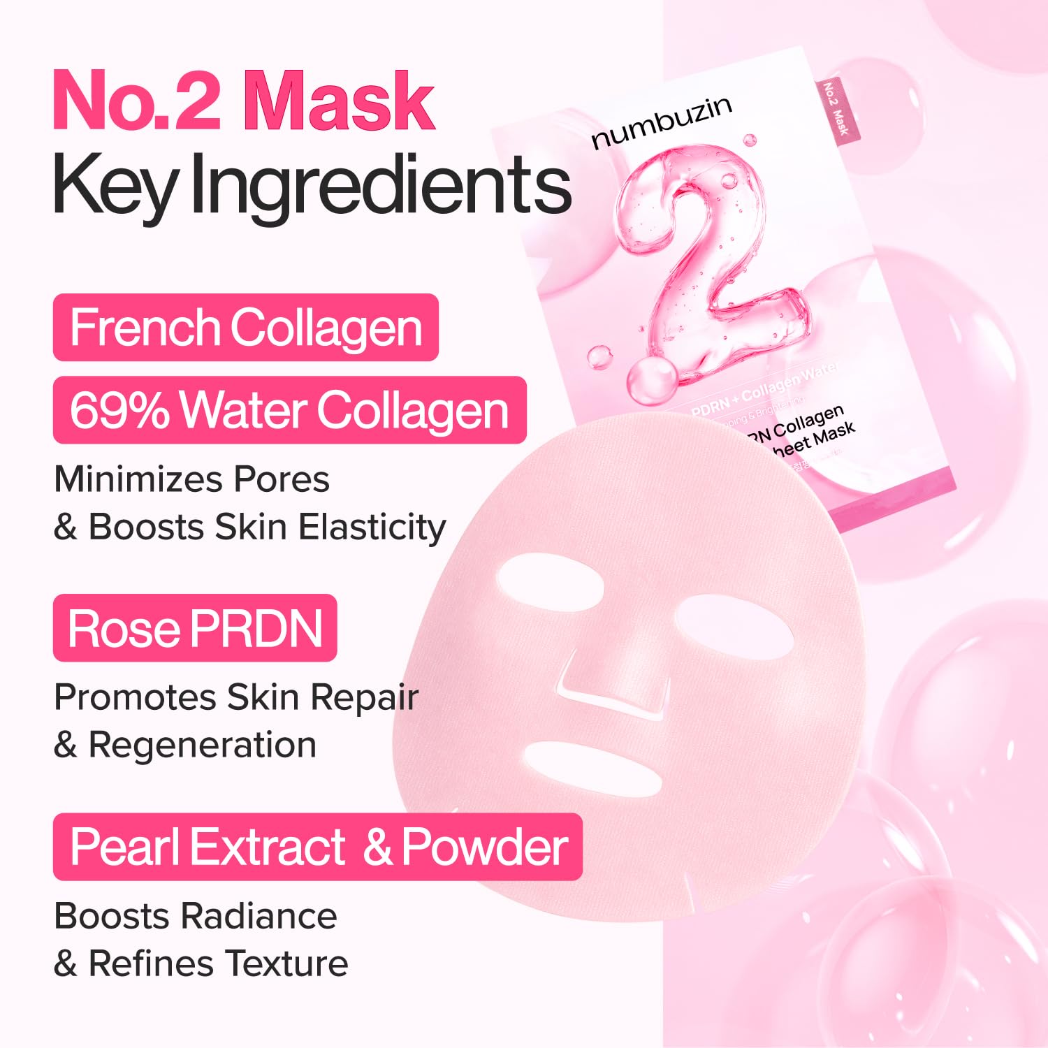 numbuzin No.2 Sheet Mask | Rose PDRN Collagen Plumping Sheet Mask | Korean Mask for face | Brightening, Hydrating, Firming and Moisturizing | Collagen, Peptides, PDRN | 4ea