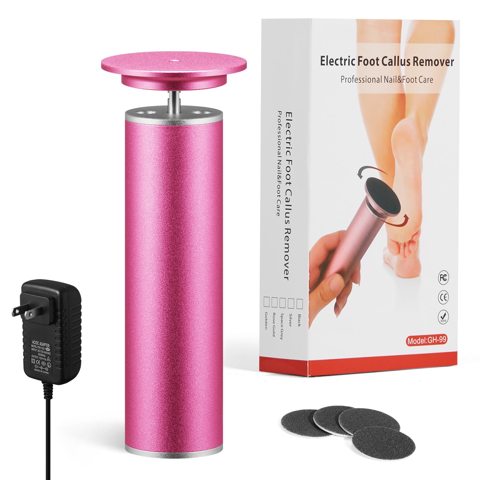 Electric Foot Callus Remover, Adjustable Rotatable Electronic Foot Dead Skin Remover Callus Remover Tool for Home & Nail Salon with 60 pcs Replacement Sandpaper Disk,Pink