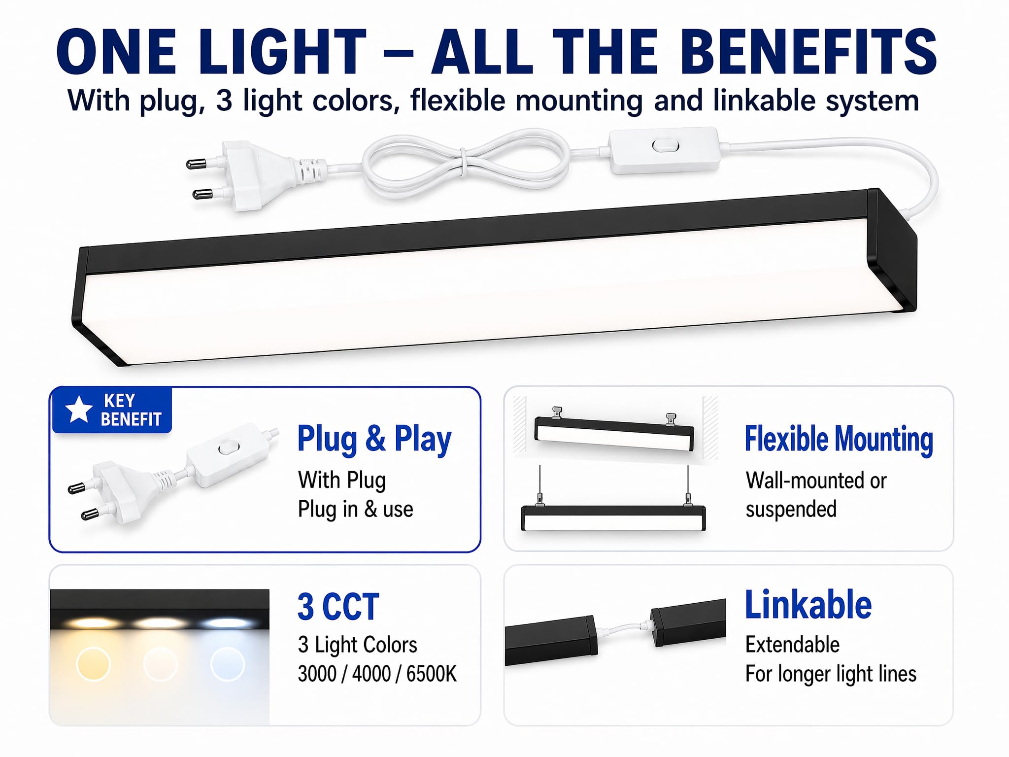 BrightFly Striscia luminosa a LED nera, 120 cm, confezione da 2 pezzi, spina UE 3CCT | 3 temperature di colore 3000 K/4000 K/6500 K, 3610 lm, moderna lampada da soffitto per cucina, garage, cantina e officina