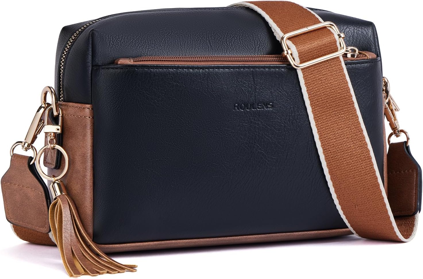 Roulens Triple Zip Small Crossbody Bag for women,Wide Strap