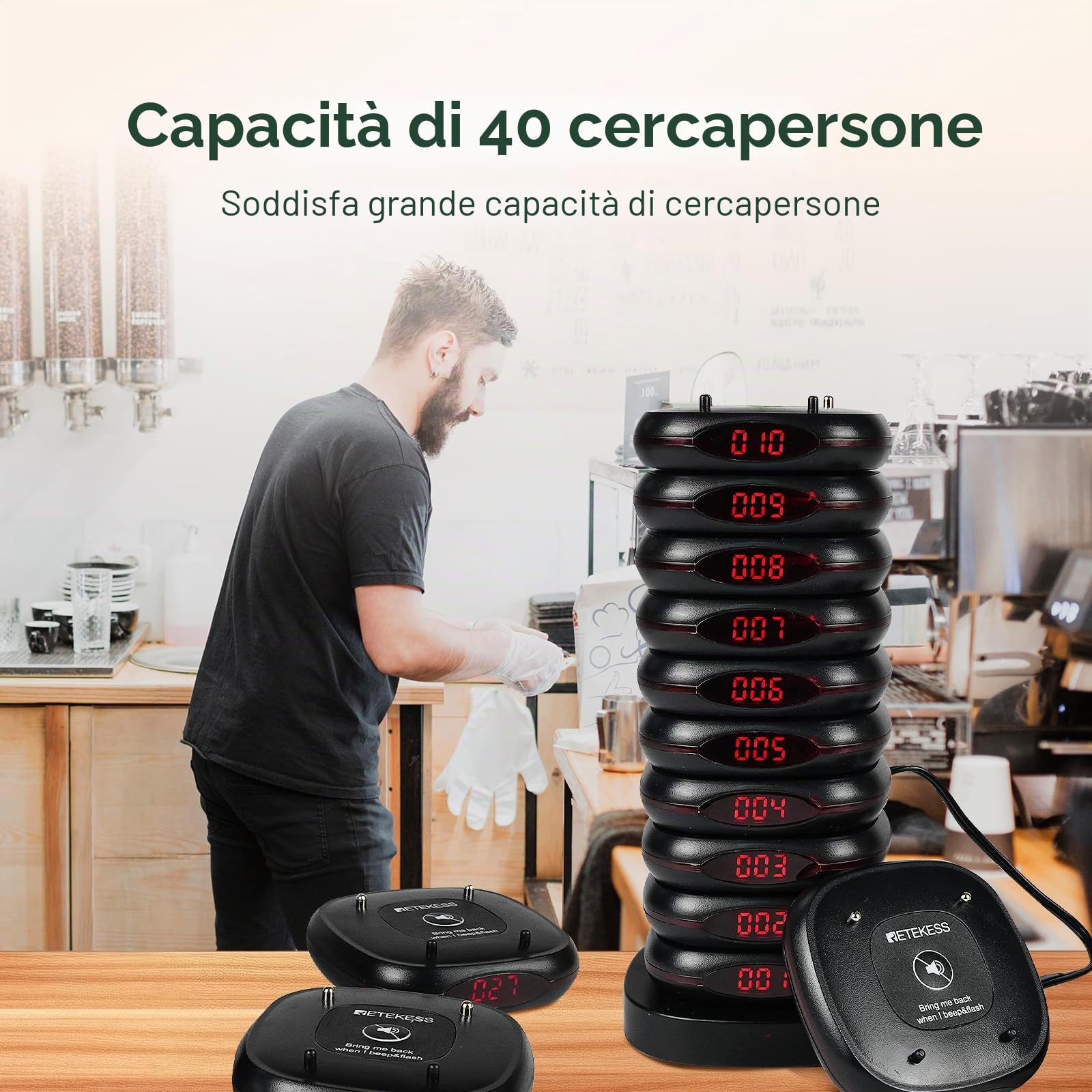 Retekess TD161 Cercapersone Ristorante, Pager Ristorante, 40 Cercapersone | per Area Ristoro, Centro di Intrattenimento, Resort, 500M All'Aperto, Tastiera Rimovibile, Pulsante Mute