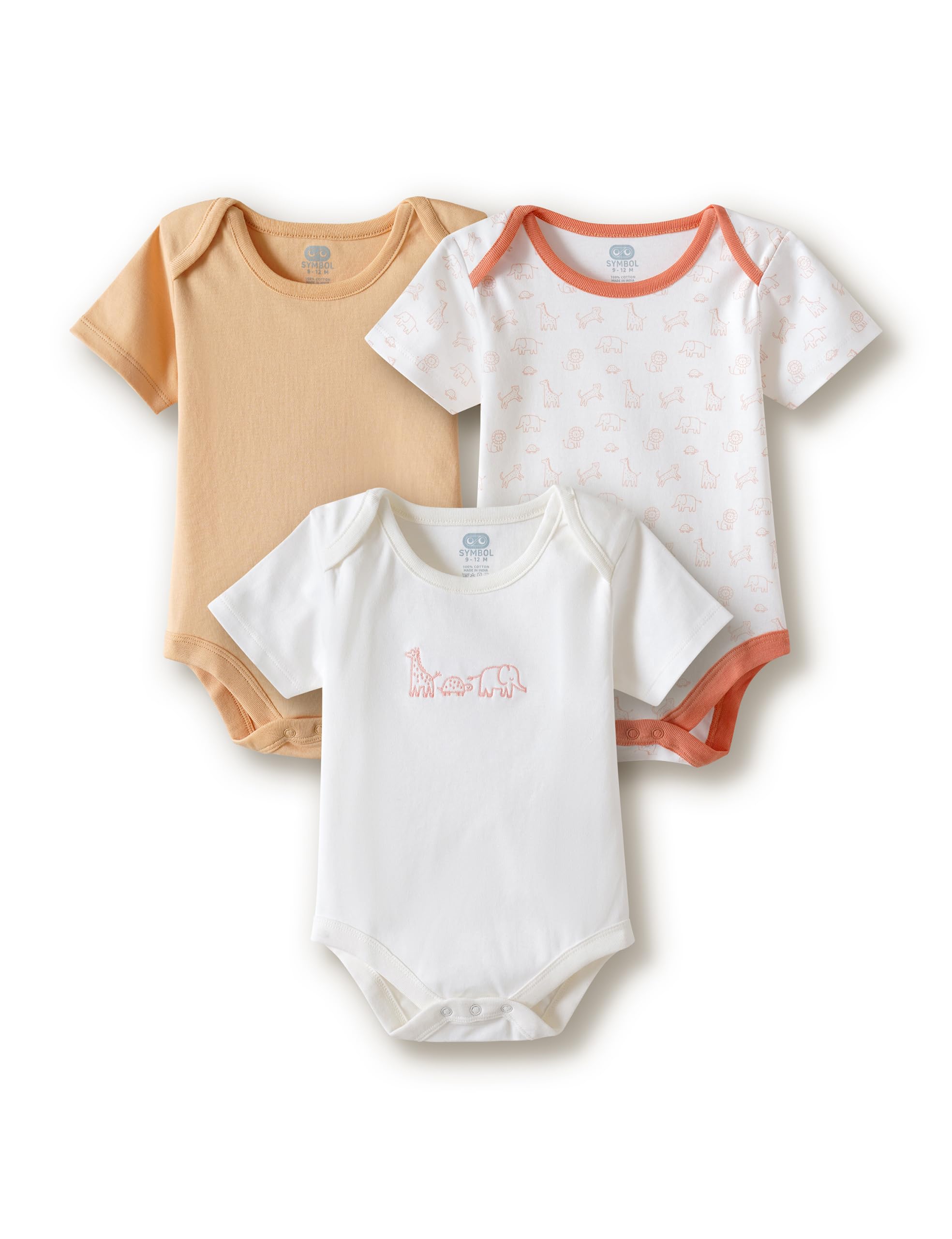 Amazon Brand Symbol Unisex 100% Cotton Half Sleeve Regular Fit Bodysuit (Pack of 3) (SK-BBS-SS26-2001 (0-18 M)_BSWPWS_6-9 M)