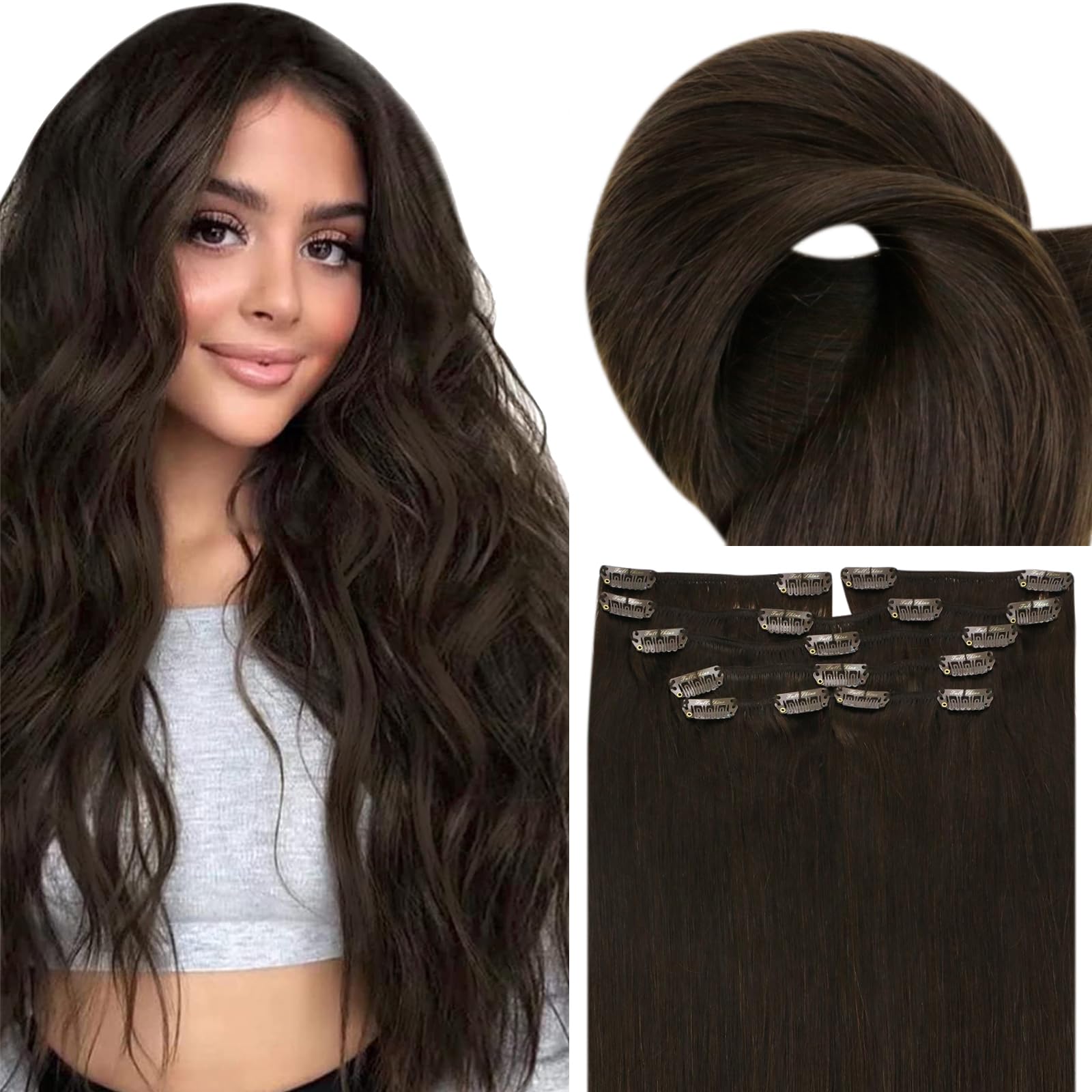 Fshine Capelli Veri Clip Extension 7 Pezzi 120g 60.9cm Extension Castano Scuro Capelli Veri per Donne Lungi Professionali Extension Lisci Capelli Colore 2 Clip in Hair Extensions Remy Human Hair