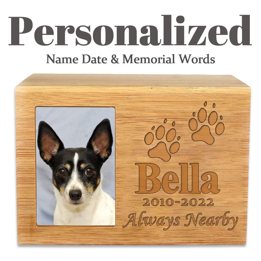 Personalized Pet Urns for Dog or Cat Ashes, Small and Large Wooden Cremation Urns with Photo Frame, Memorial Keepsake Memory Box