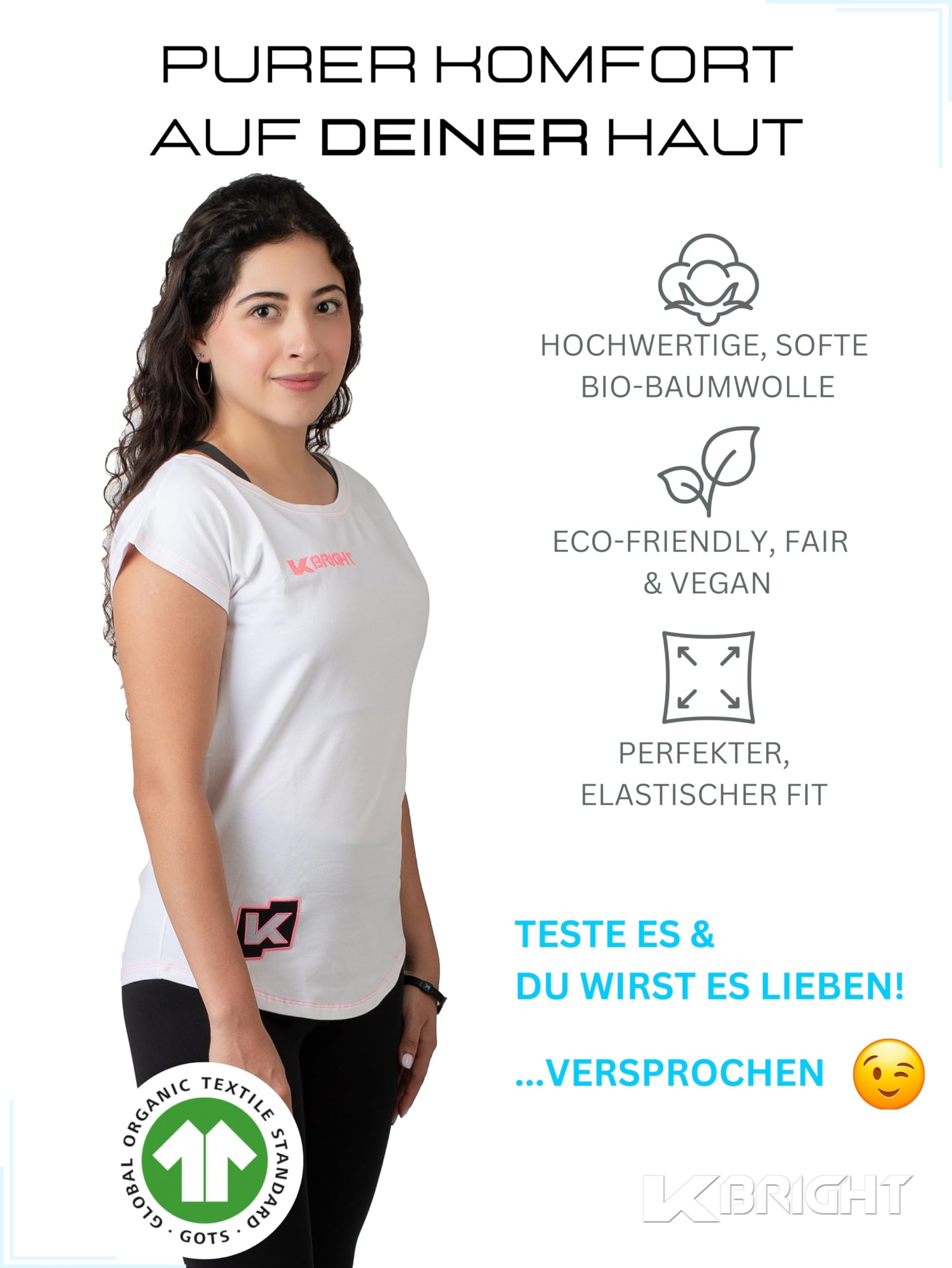 K-BRIGHT Camiseta de Mujer | Algodón orgánico de Primera Calidad - Fabricada en Europa - Vegana| Sostenible. Fair. Deportivo.