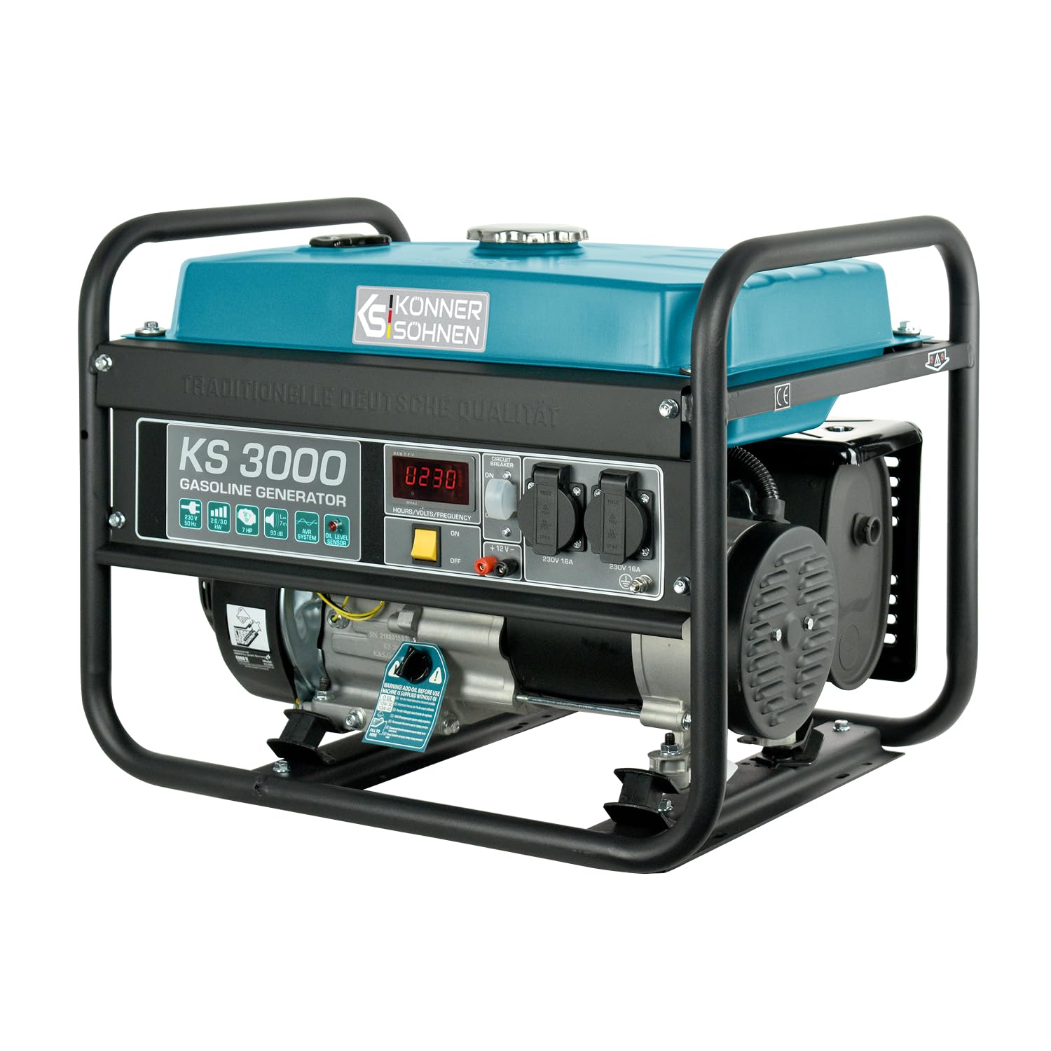 Könner & Söhner Generador de gasolina KS 3000, grupo electrogeno 3000W, 2x16 A (230 V),12 V, generador electrico con (AVR), indicador aceite, protección ante sobrecarga, pantalla