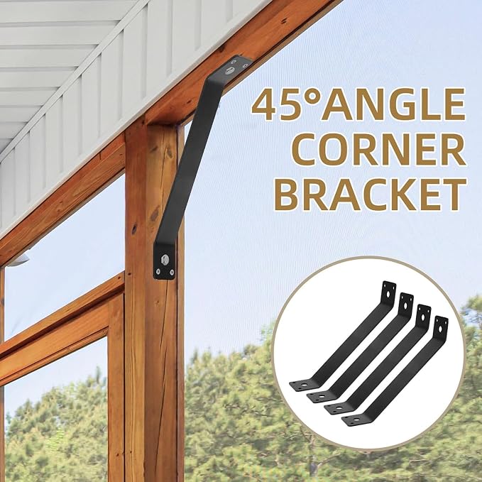 8 piezas de soporte de esquina de acero negro para montaje interior, brida angular de 45 grados con 6 agujeros, refuerzo pesado para vigas y postes de madera en pérgolas, cenadores, patios y casas de árbol miniatura 4
