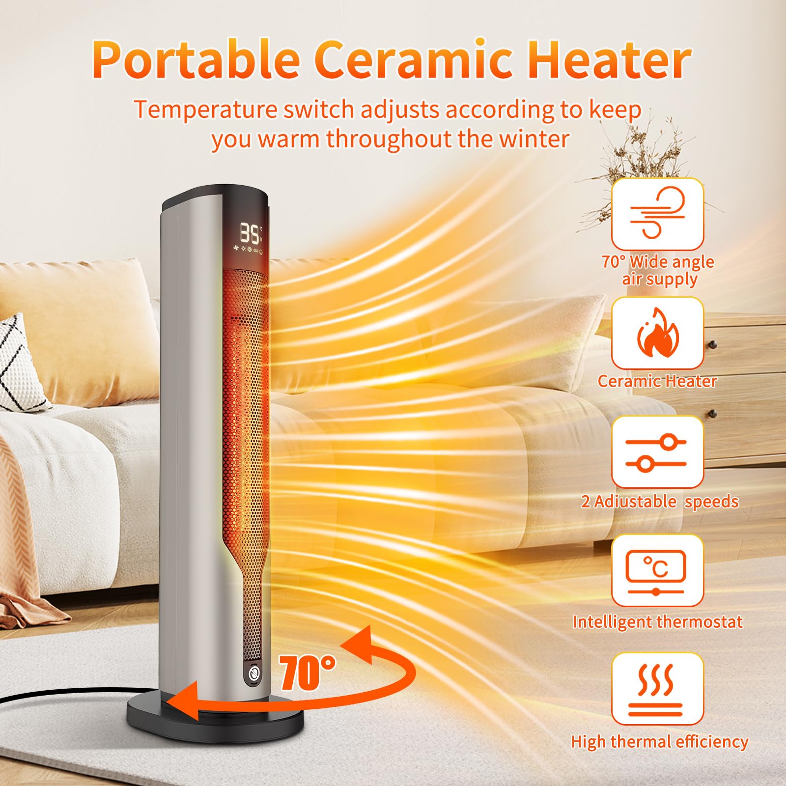 Calefactor Baño,Calefactor Bajo Consumo 2000W,Calentador Cerámico Silencioso de 60cm,Protección Contra Sobrecalentamiento y Vuelco,Oscilación de 70°,3 Modos,Temporizador de 12 h