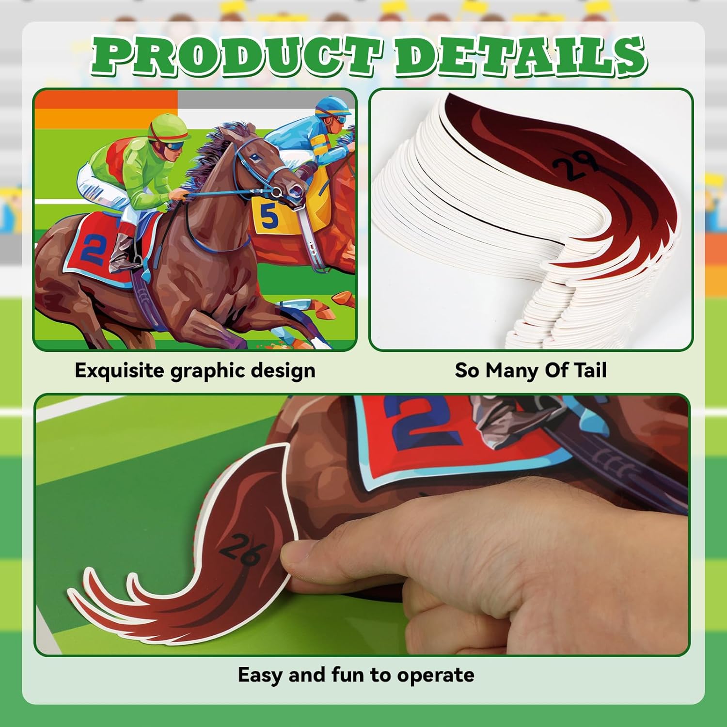 QOUBAI 32Pcs Derby Horse Games for Kids Pin The Tail on The Horse Poster Derby Party Games with Tail Stickers for Kentucky Decorations Racing Party Favors Supplies Kit for Kids Family Game