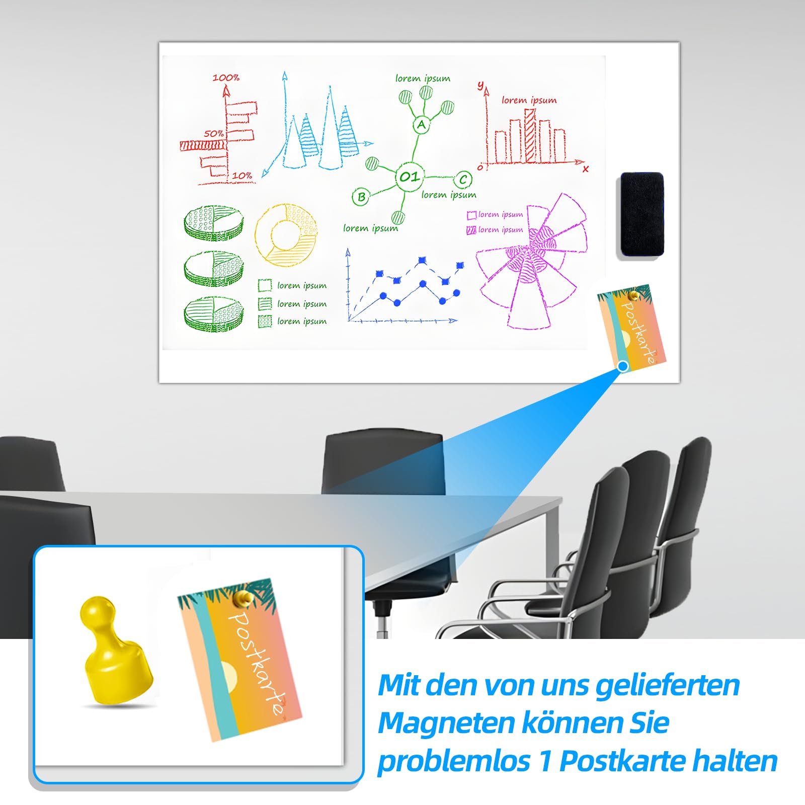 Magnetisch Whiteboard Folie - 40 * 60cm Magnetfolie Selbstklebend Weißwandtafel - Whiteboard Sticker DIY mit Marker, Board-Radierer und Magnet - Wandfolie für glatten Oberflächen in Schule Büro Haus
