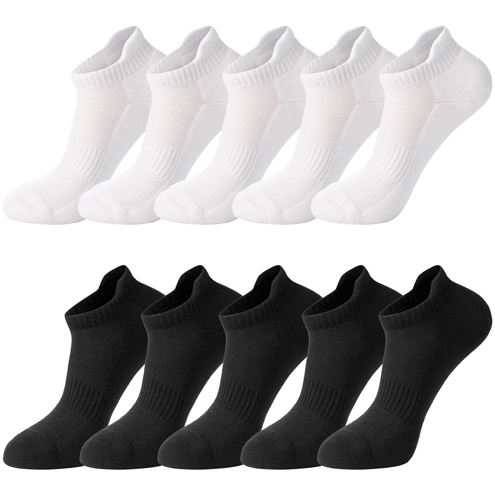 Lot de 5 paires de chaussettes courtes en coton - Pour homme et femme - Noir et blanc - Respirantes - Rembourrées - Chaussettes de sport - Chaussettes de randonnée - Chaussettes de tennis,