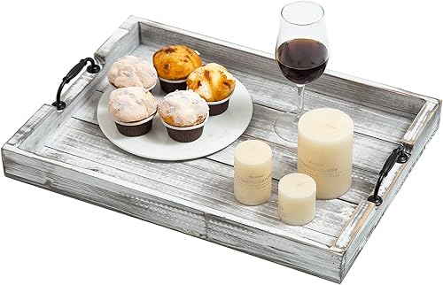Bandejas rústicas de madera grande vintage para servir alimentos con asas de metal recortadas (20 pulgadas), bandeja decorativa grande para servir