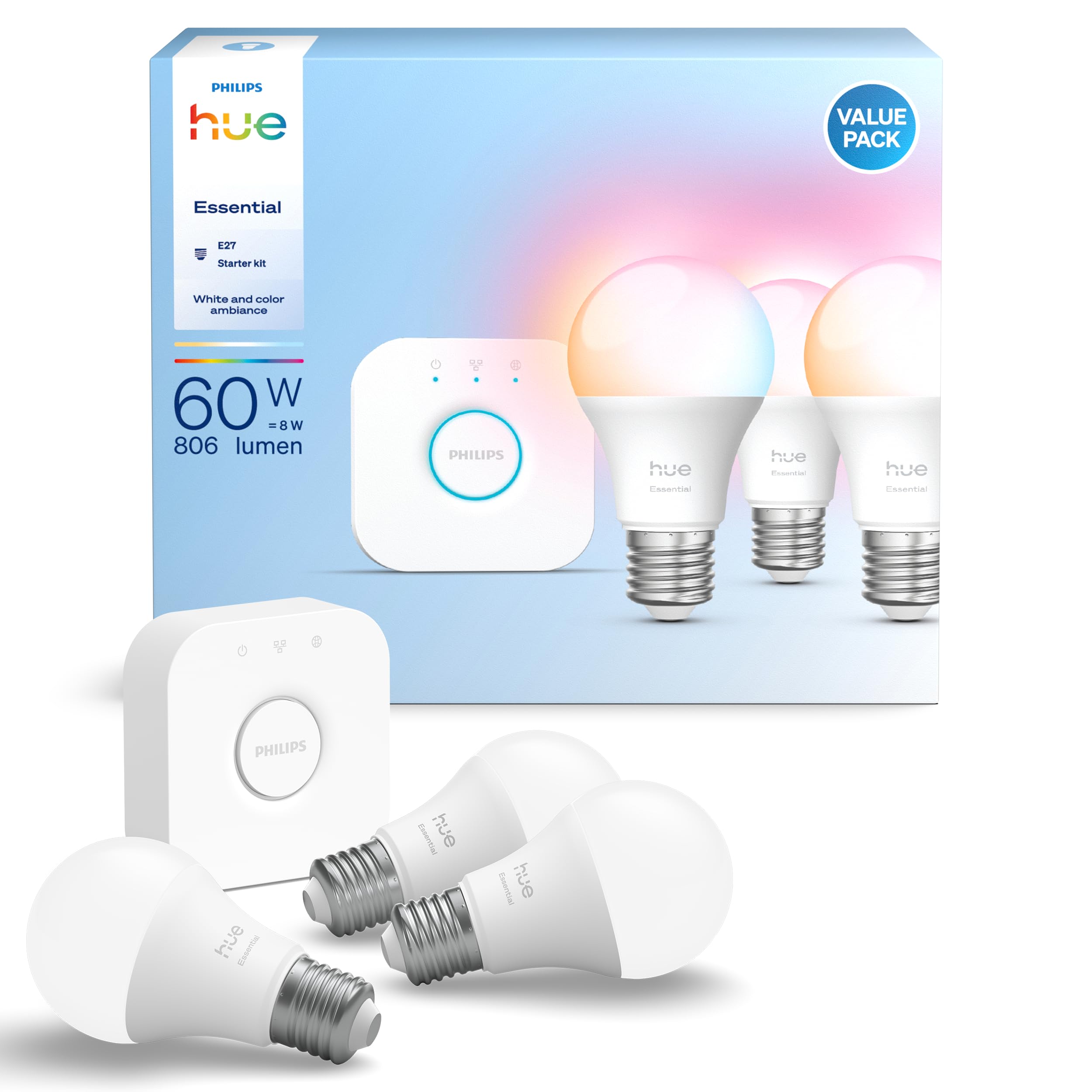 Philips Hue Kit de inicio de iluminación inteligente, paquete de 3 bombillas más puente, ambiente blanco y color, bombillas E27, 806 lúmenes, 60 W, con puente, control de aplicación, funciona con