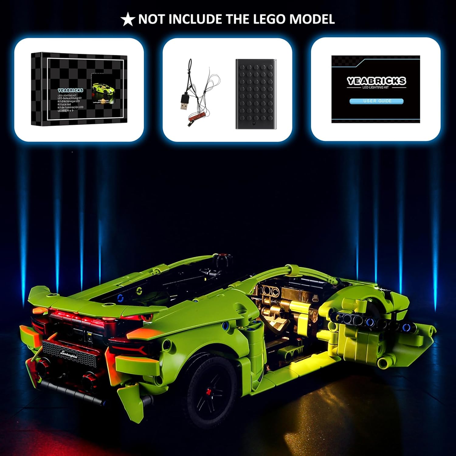 Contents of the YEABRICKS LED Light Kit package, showing the light kit, battery box, and user guide.