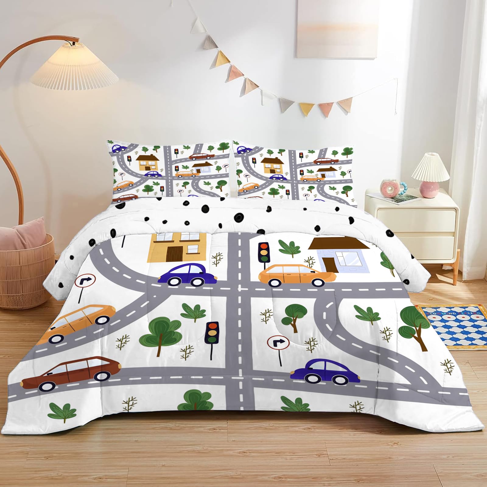 Dyausi Colorful04 Car Truck Single Duvet Kids - Reversible Coverless Duvet 2 Piece - Duvet 7.5 Tog With Road Traffic Pattern - Lightweight Hypoallergenic And Washable Comforter - Single 135X200cm - Colorful