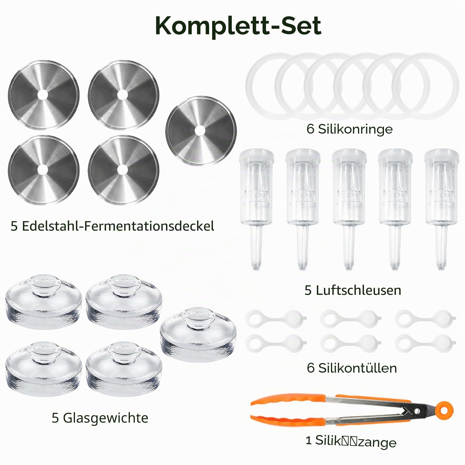 Artcome 28-teiliges Gär-Set, 5 Edelstahl-Gärdeckel, 5 Glasgewichte, 5 Luftschlösser, 6 Silikonösen, 1 Silikonzange für Einmachgläser mit breiter Öffnung (Gläser nicht im Lieferumfang enthalten)