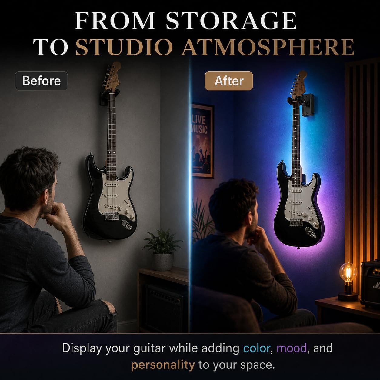MuzicLight Soporte de pared para guitarra iluminada y soporte de pared para guitarra eléctrica o guitarra acústica con LED para exhibición de guitarra con iluminación ambiental (azul)