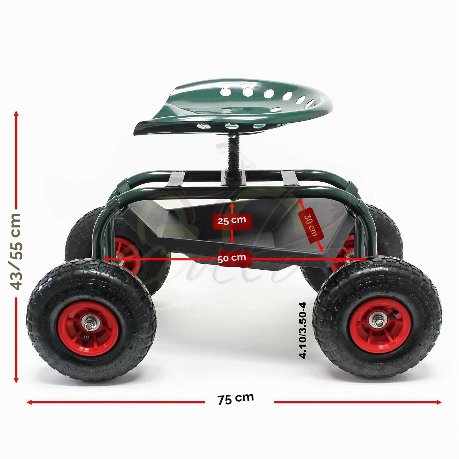 SGABELLO DA GIARDINO CON RUOTE E VANO PORTA ATTREZZI SEDILE GIREVOLE E REGOLABILE IN ALTEZZA VERDE