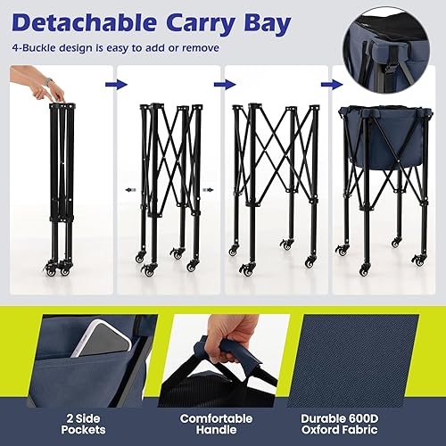 Miniatura 4 de GYMAX Tolva de pelota de tenis, carrito plegable para 150 pelotas de tenis con bolsa de transporte, marco de fácil montaje, bolsa extraíble y 4