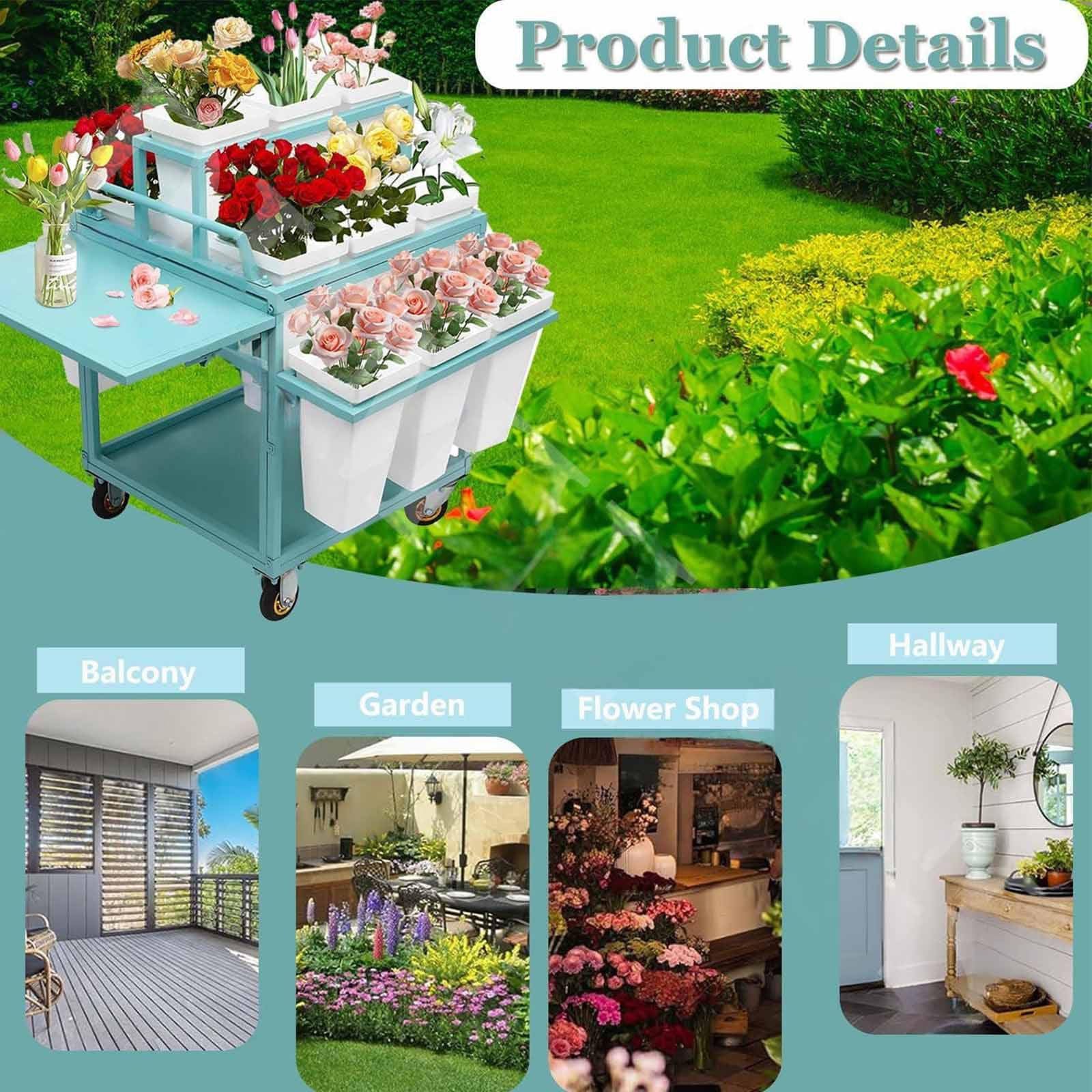 Este Soporte metálico para exhibición de Flores al Aire Libre con Soporte para Flores con 18 Cubos, Carrito de exhibición de Flores con Ruedas, Carrito de Flores para floristería, Patio y ja