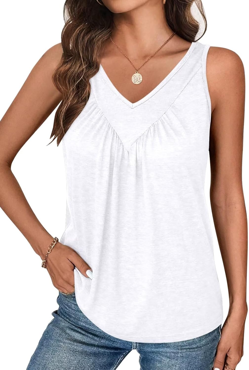 Bliwov Womens Summer Solid Tops V Neck Ruched Cute Tank Tops Loose Fit Casual Sleeveless Clothes for Woman Trendy