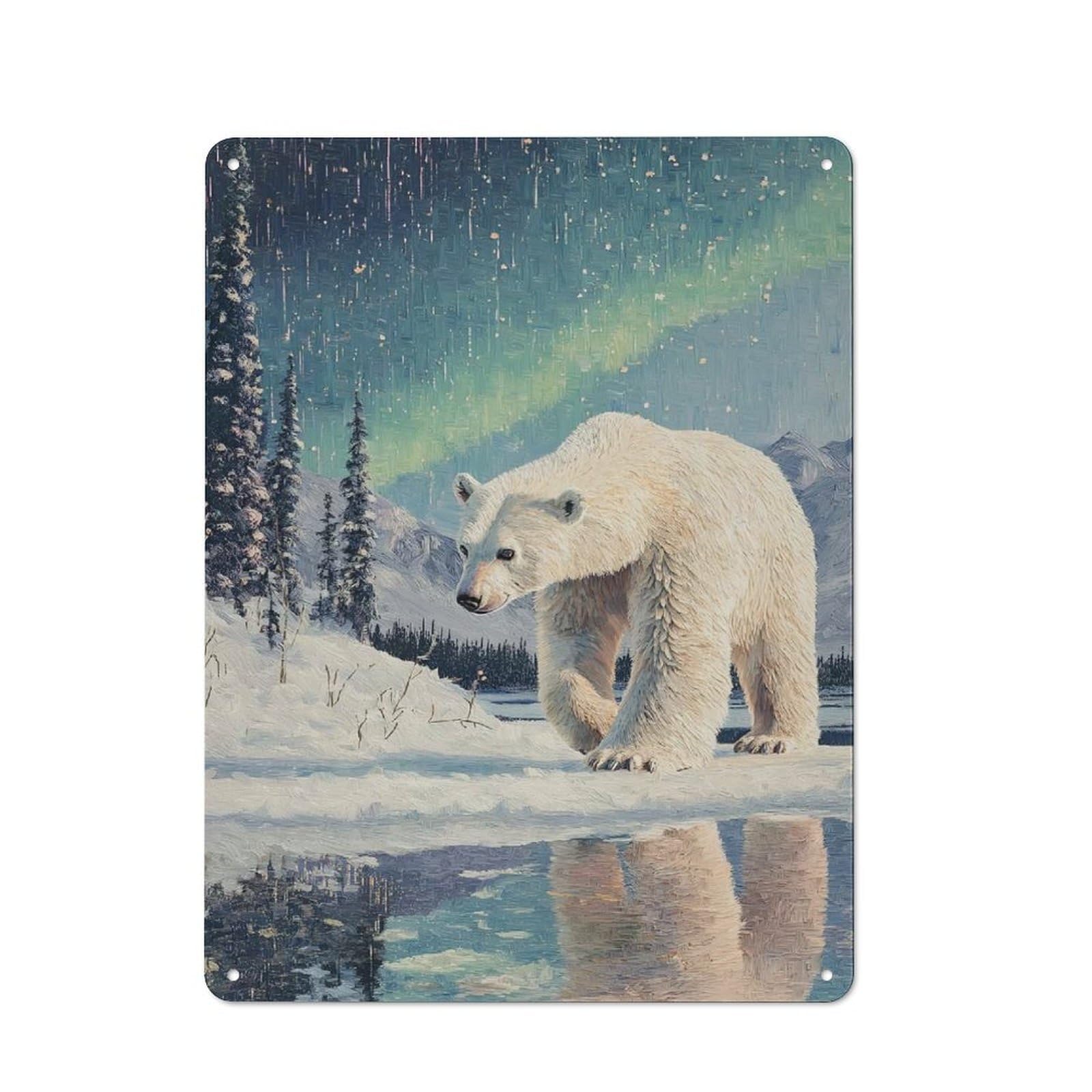 Rustic Polar Bear Under Aurora Borealis Tin Wall Plaque 40x30cm, Rustic Kitchen Decor for Cottage, Kitchen, Hallway Or Breakfast Nook