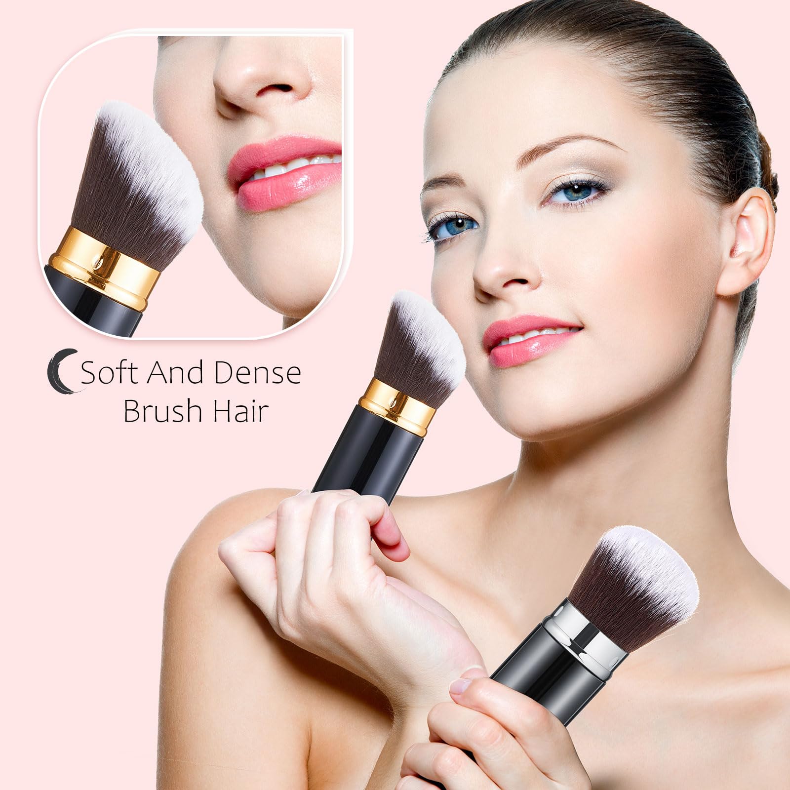 2 brochas retráctiles Kabuki para base de maquillaje, brochas de maquillaje portátiles para viajes, bronceador, rubor, con cubierta para rubor, bronceador, crema en polvo suelto (negro, plateado,