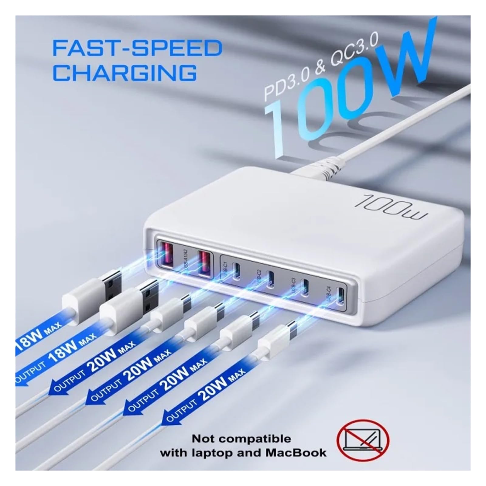 Cargador USB Multi De 100W Y 6 Puertos con Cable, Múltiple For Teléfono Móvil Capacidad De Carga RáPida(White)