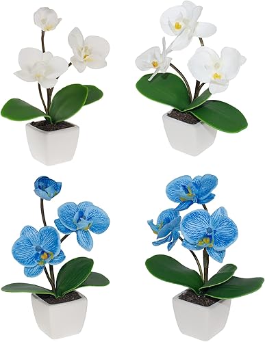 BINFEN Paquete de 4 mini flores falsas de orquídeas en maceta pequeñas plantas falsas para decoración del hogar oficina baño orquídeas artificiales